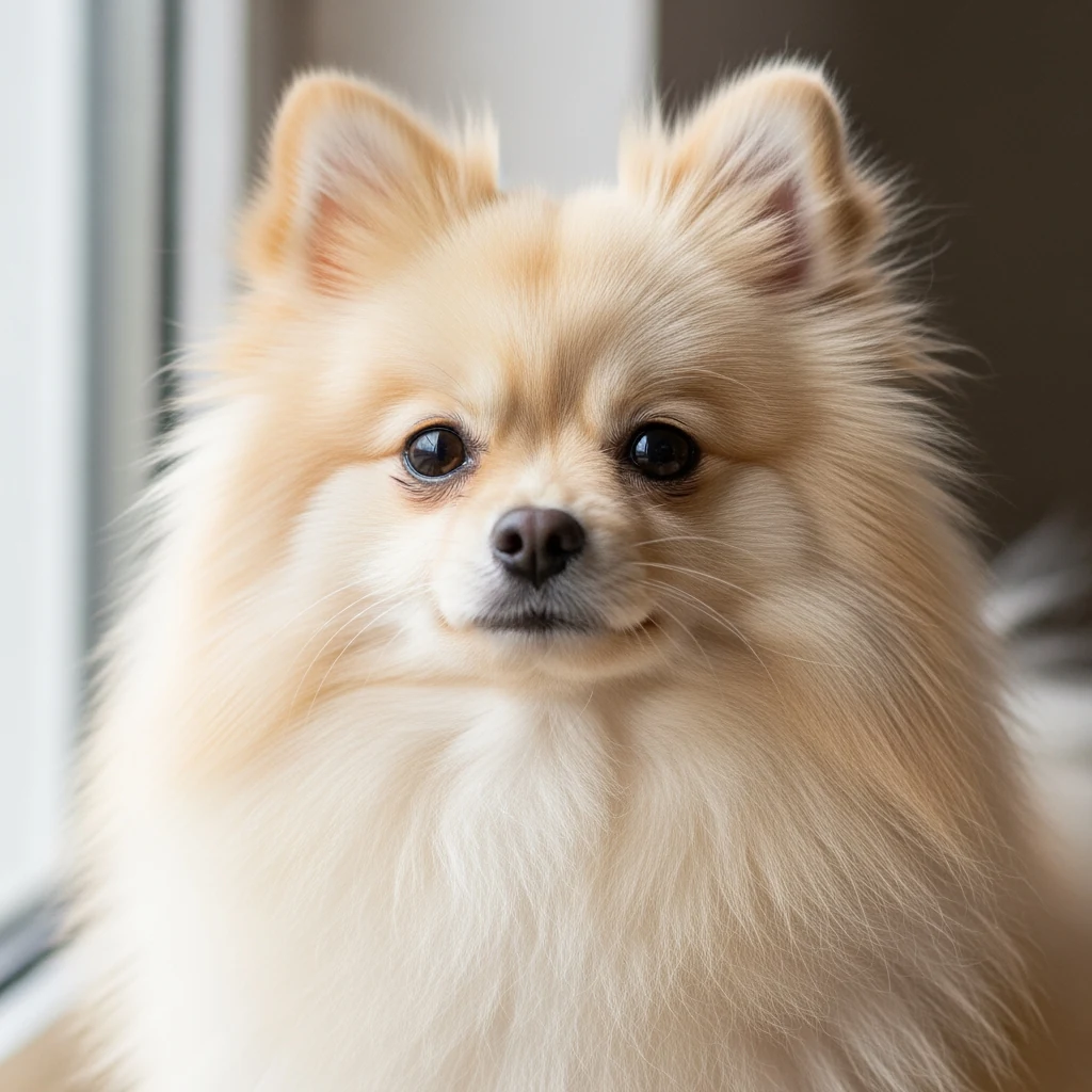Portrait rapproche d'un Spitz Pomeranien creme au regard expressif