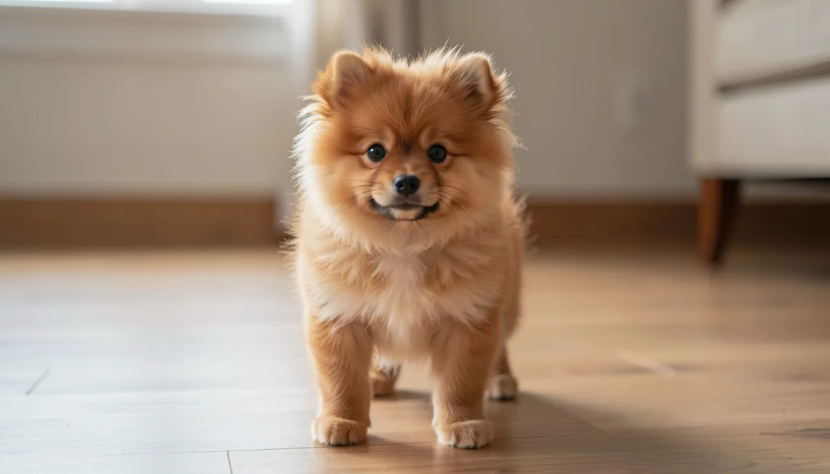 Jeune chiot poméranien orange debout sur un parquet clair, regard curieux tourné vers l'objectif, lumière naturelle