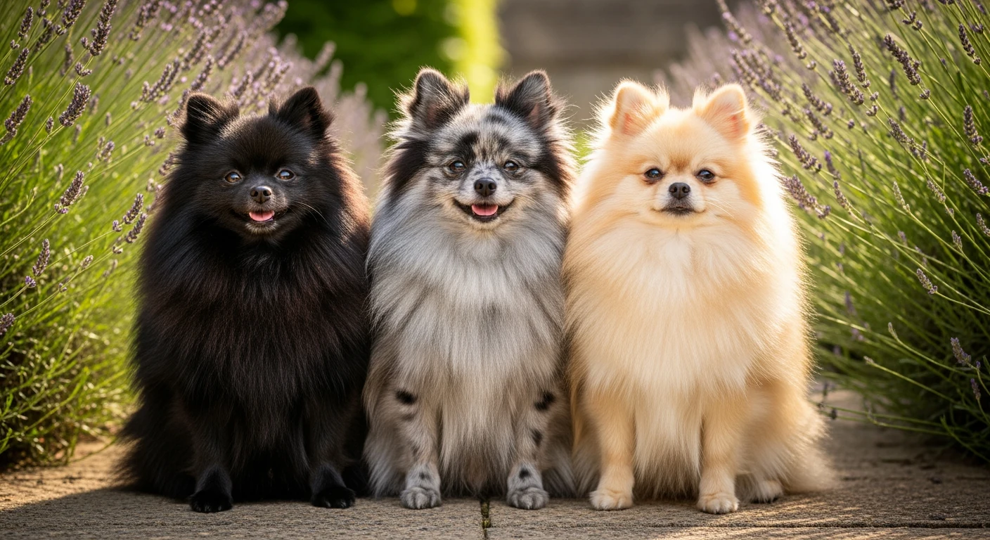 Trois Spitz Pomeranien de couleurs differentes dans un jardin fleuri