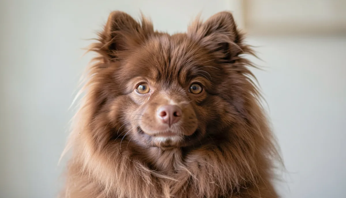 Portrait rapproché d'un spitz marron chocolat à la truffe brun clair et aux yeux bruns chauds, collerette de poil brun autour du cou