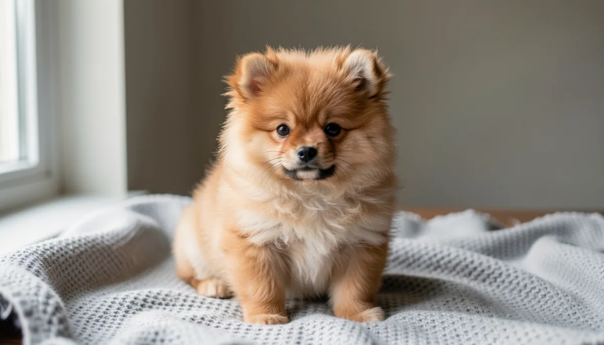 Chiot poméranien orange d'une dizaine de semaines au poil cotonneux assis sur une couverture grise tricotée près d'une fenêtre